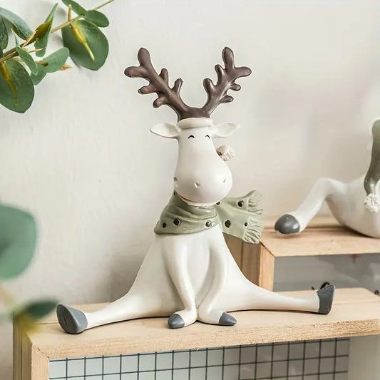 Sitting Reindeer Figurine with Scarf, Resin, 5.5 in