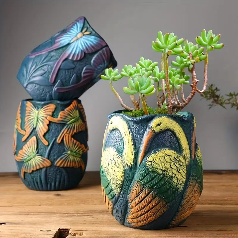 Sculpted Resin Planter with Butterfly or Bird Motif, view 3