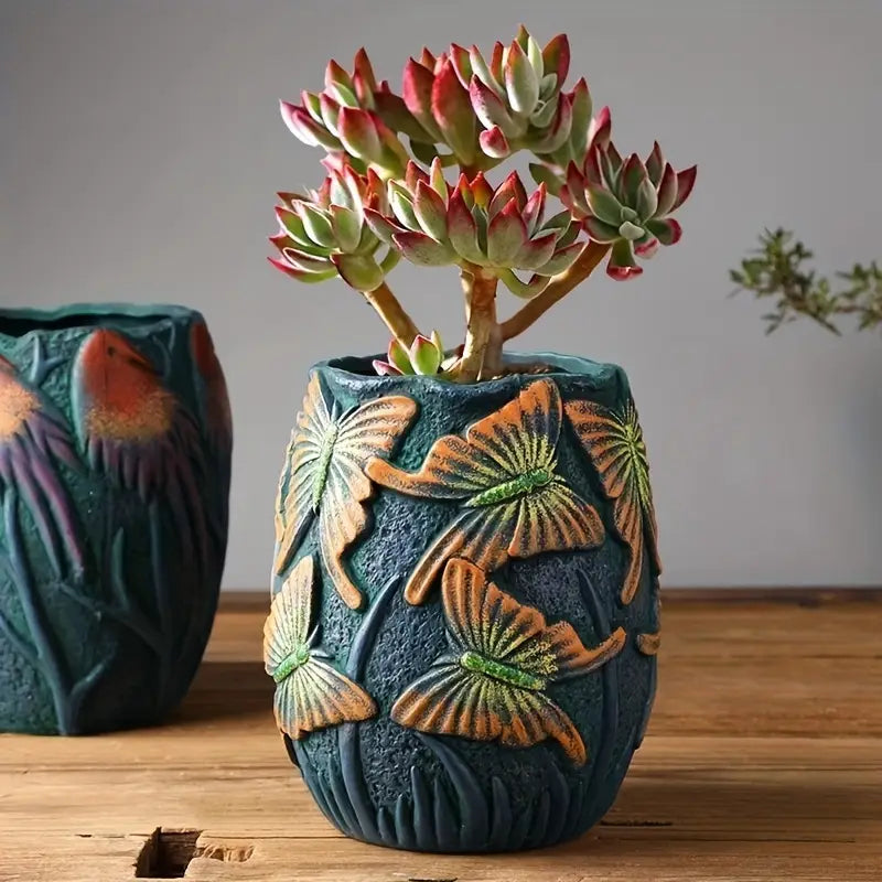 Sculpted Resin Planter with Butterfly or Bird Motif