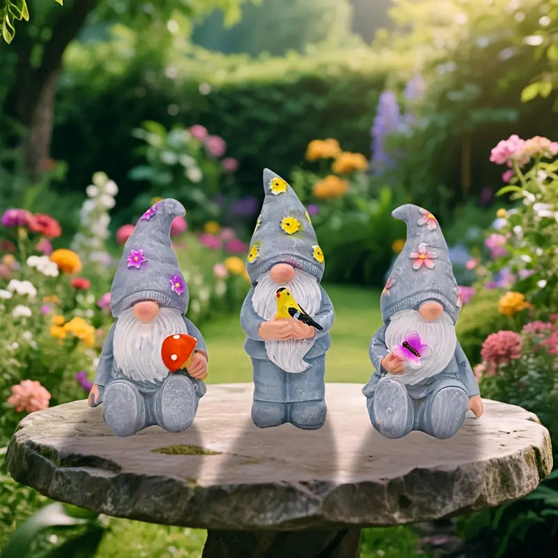 Set of 3 Seated Garden Gnome Figures, Resin, 5 in