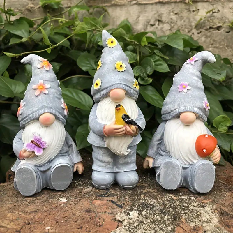 Set of 3 Seated Garden Gnome Figures, Resin, 5 in, view 4