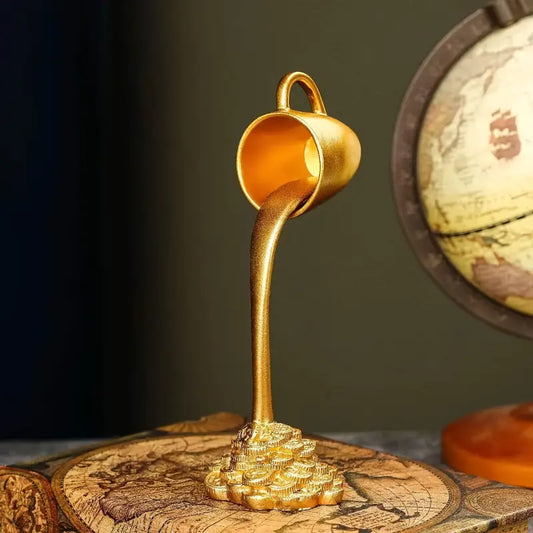 Gold Resin Floating Cup Figurine with Pouring Coins
