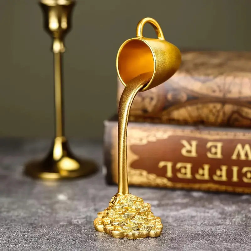 Gold Resin Floating Cup Figurine with Pouring Coins, view 2