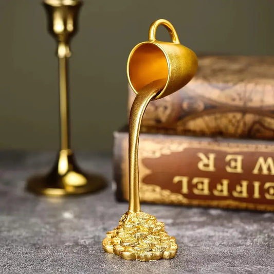Gold Resin Floating Cup Figurine with Pouring Coins, view 2