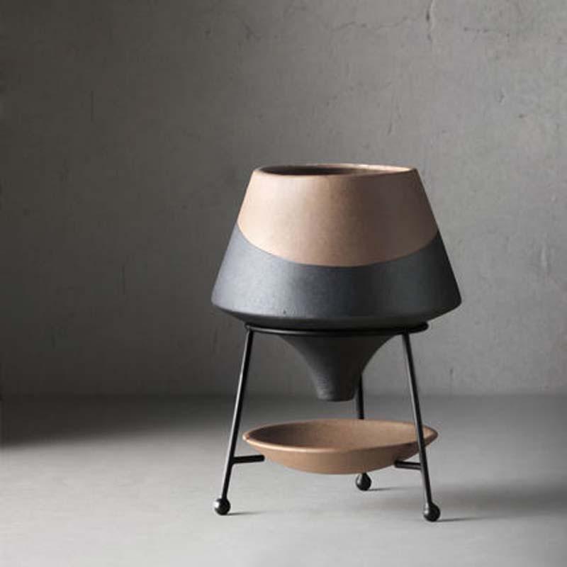 Glazed Terracotta Teardrop Planter with Metal Stand, view 10