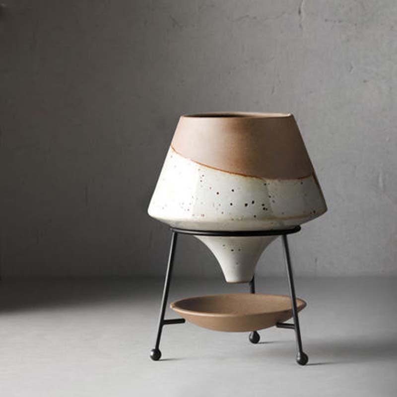Glazed Terracotta Teardrop Planter with Metal Stand, view 8