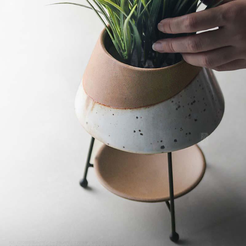 Glazed Terracotta Teardrop Planter with Metal Stand, view 5