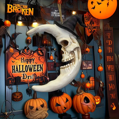 Crescent Moon Skull Ornament with Witch Hat, view 2