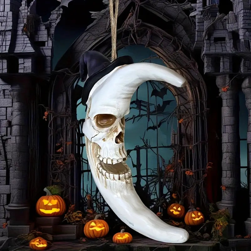 Crescent Moon Skull Ornament with Witch Hat, view 4