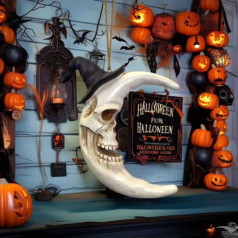 Crescent Moon Skull Ornament with Witch Hat, view 3