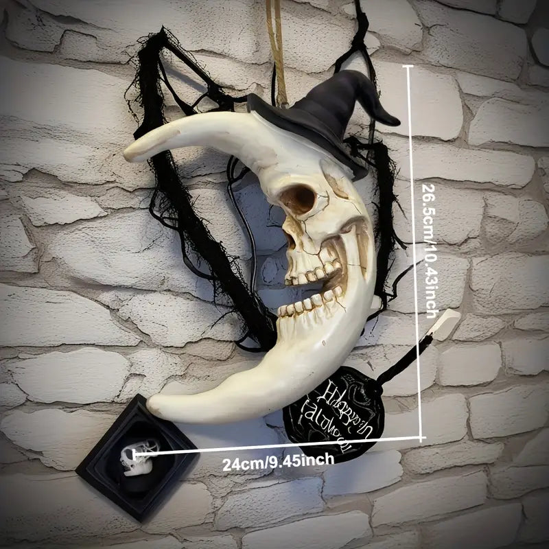 Crescent Moon Skull Ornament with Witch Hat, view 5