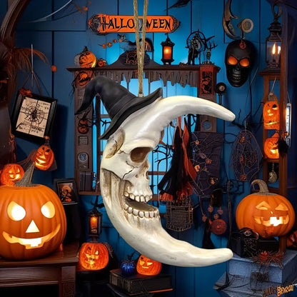 Crescent Moon Skull Ornament with Witch Hat