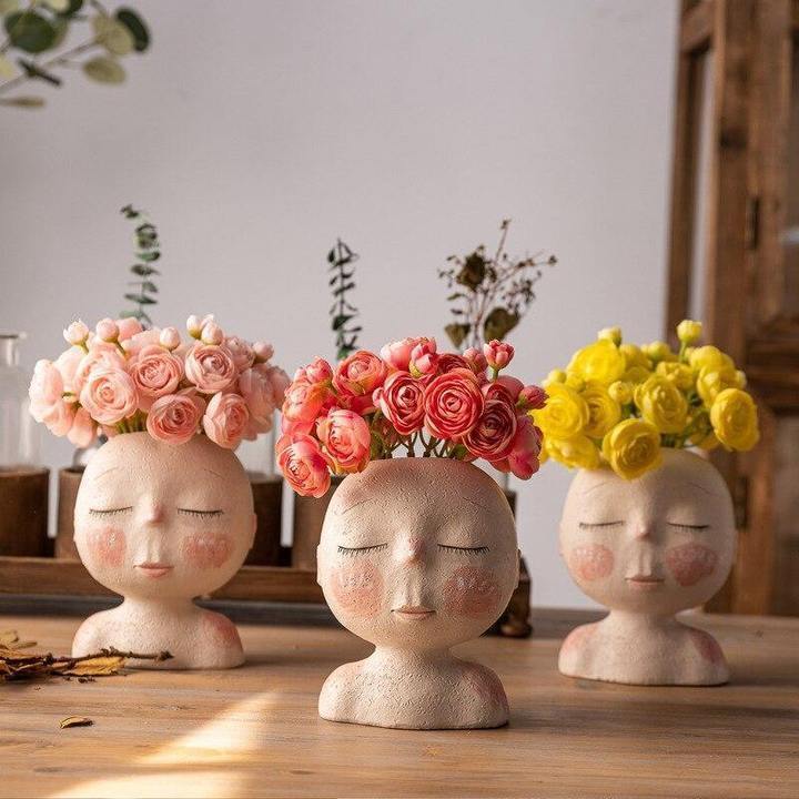 Sleeping Face Resin Planter with Drainage Holes, view 4