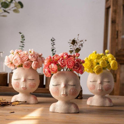 Sleeping Face Resin Planter with Drainage Holes, view 4