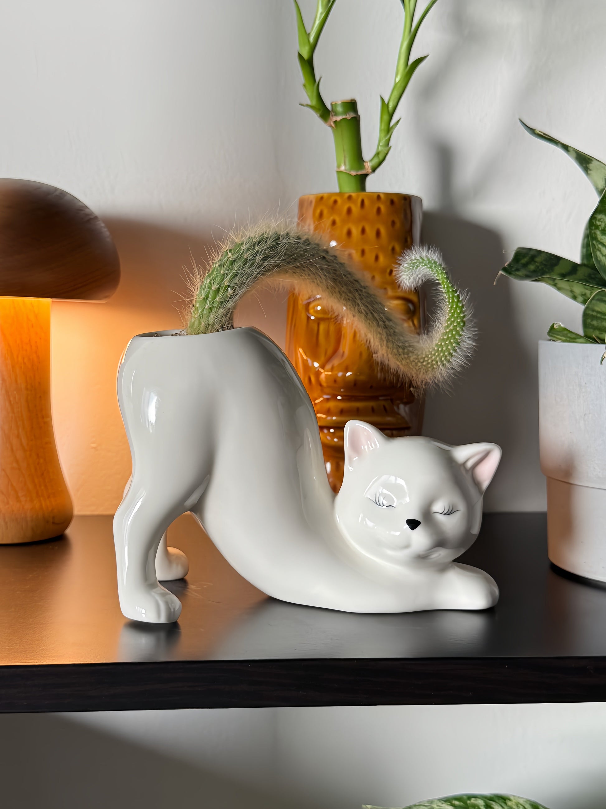 Ceramic Cat Planter with Drainage Hole
