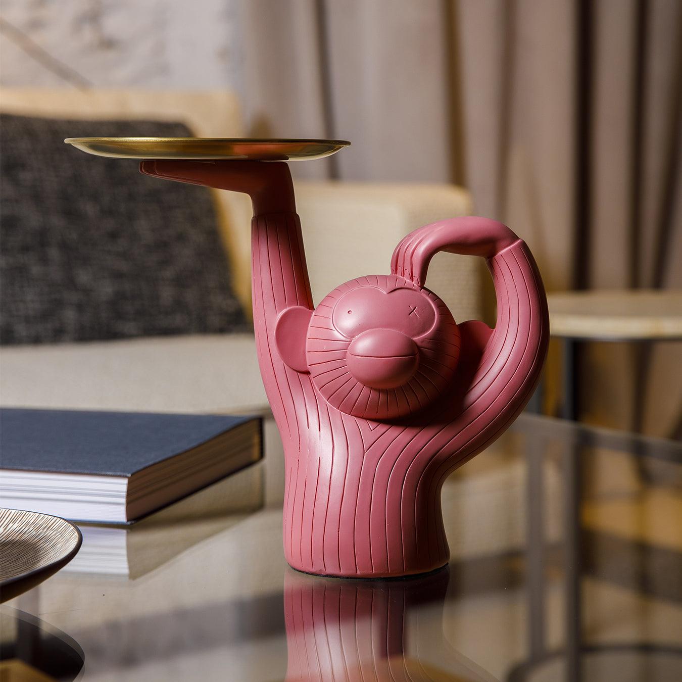Standing Monkey Resin Tray with Round Dish, Pink or Teal, view 3