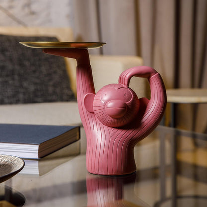 Standing Monkey Resin Tray with Round Dish, Pink or Teal, view 3