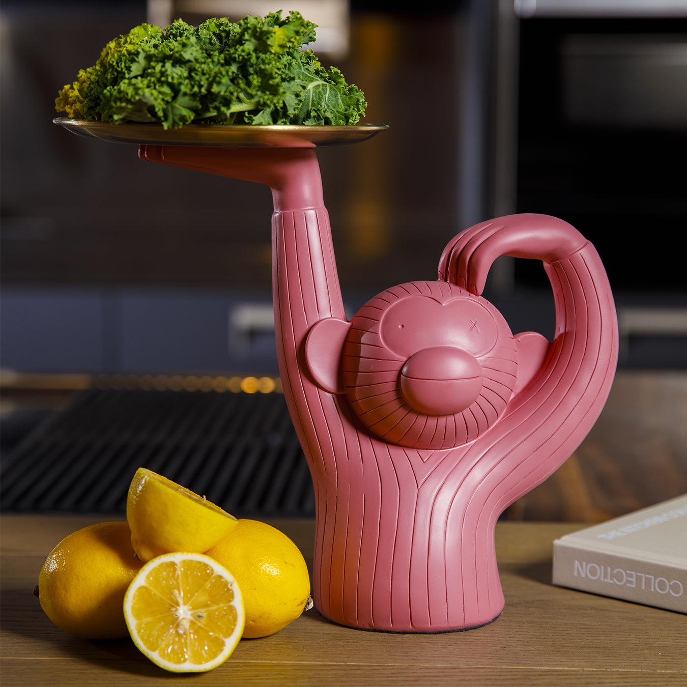 Standing Monkey Resin Tray with Round Dish, Pink or Teal