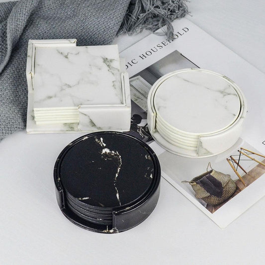Marbled Vegan Leather Coaster Set with Caddy
