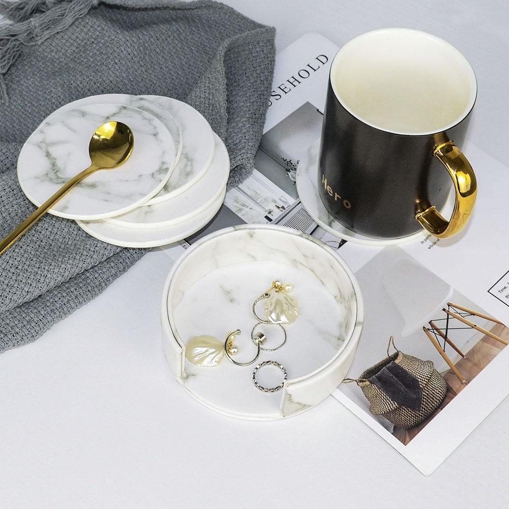 Marbled Vegan Leather Coaster Set with Caddy, view 2