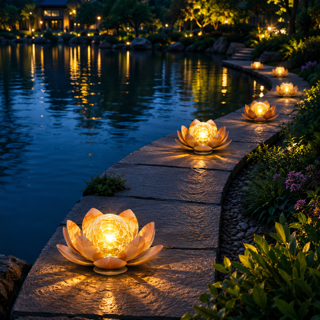 Solar Lotus Flower Garden Light with Glowing Orb, view 8