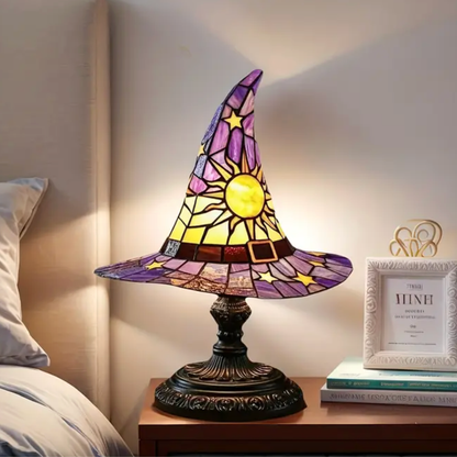 Stained Glass Witch Hat Lamp with Sun and Stars, view 7