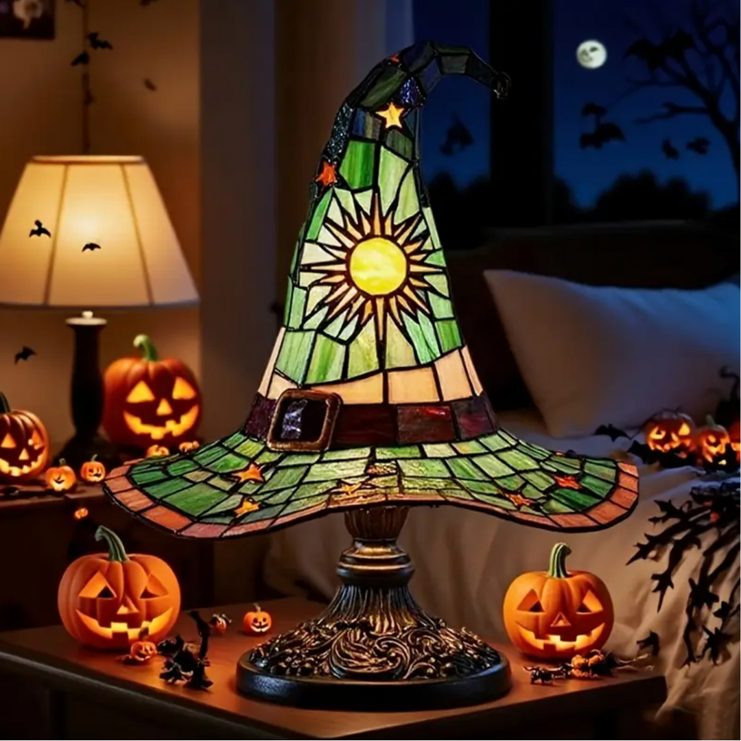 Stained Glass Witch Hat Lamp with Sun and Stars, view 9