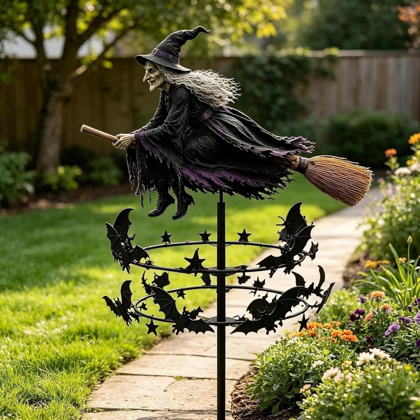 Flying Witch Wind Spinner Garden Stake with Bats, view 5