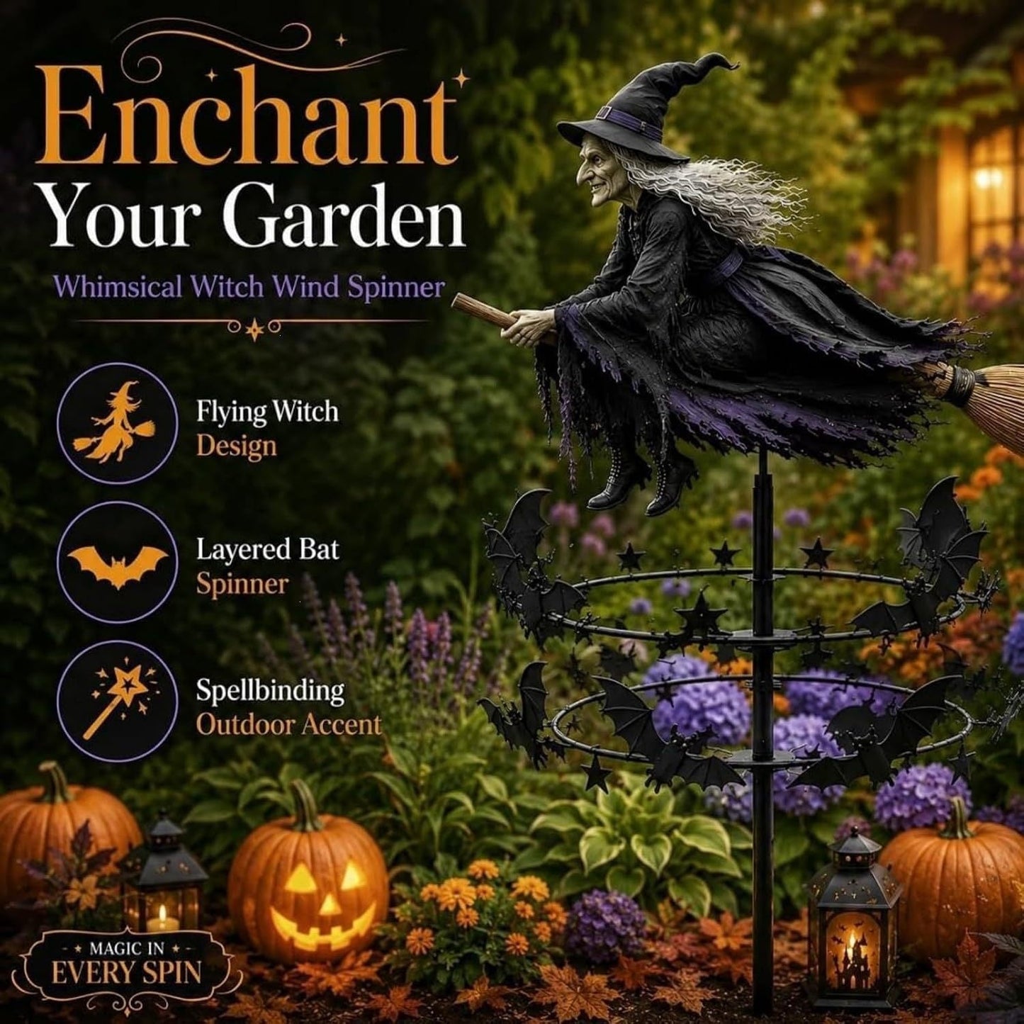 Flying Witch Wind Spinner Garden Stake with Bats, view 2