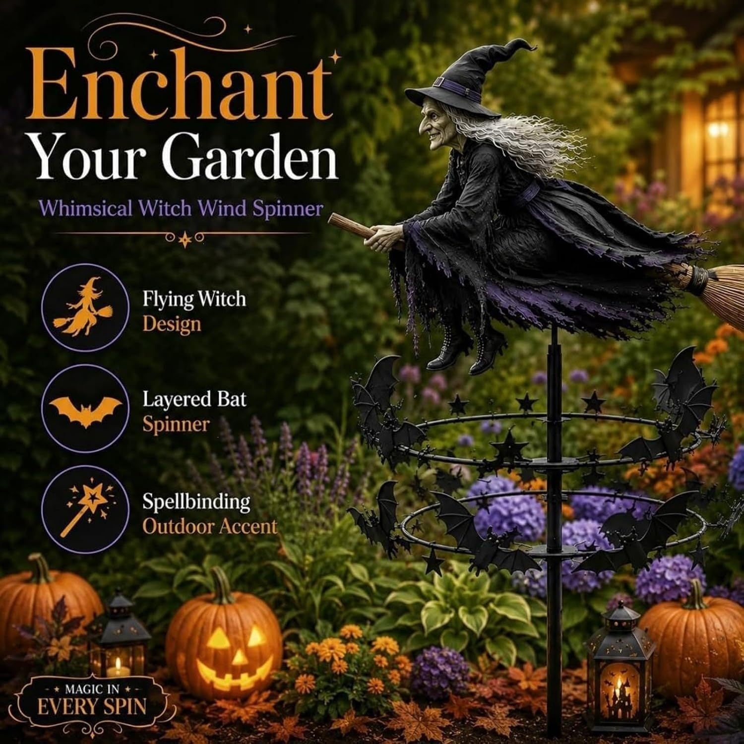 Flying Witch Wind Spinner Garden Stake with Bats, view 2