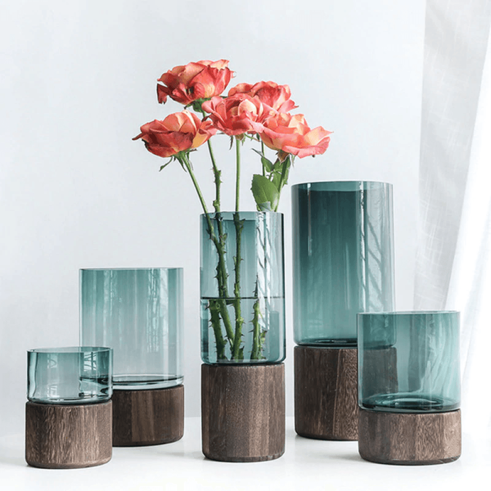 Green or Clear Glass Vase on a Wood Base, Five Sizes
