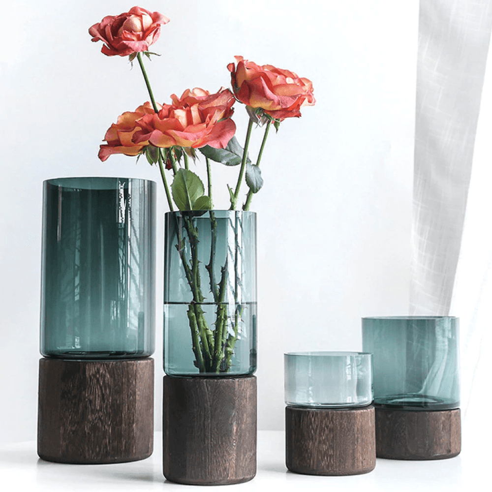 Green or Clear Glass Vase on a Wood Base, Five Sizes, view 4