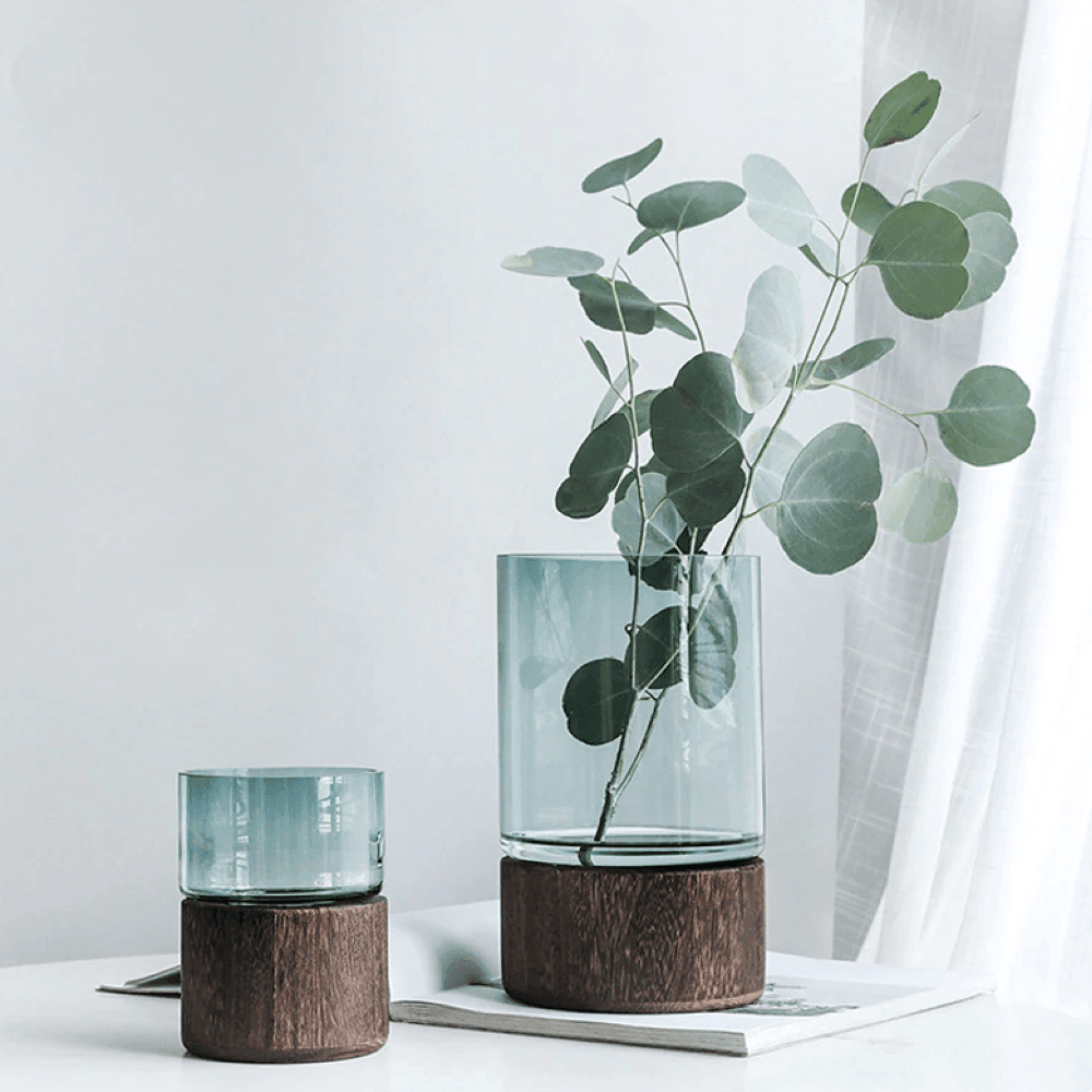 Green or Clear Glass Vase on a Wood Base, Five Sizes, view 6