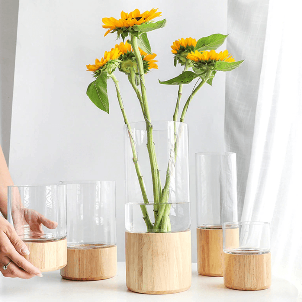 Green or Clear Glass Vase on a Wood Base, Five Sizes, view 3