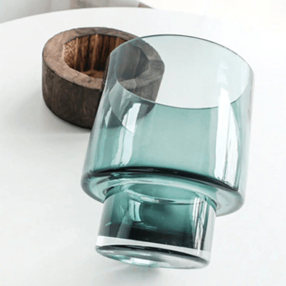 Green or Clear Glass Vase on a Wood Base, Five Sizes, view 2