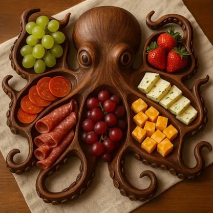 Octopus Charcuterie Board, 10 in Carved Wood