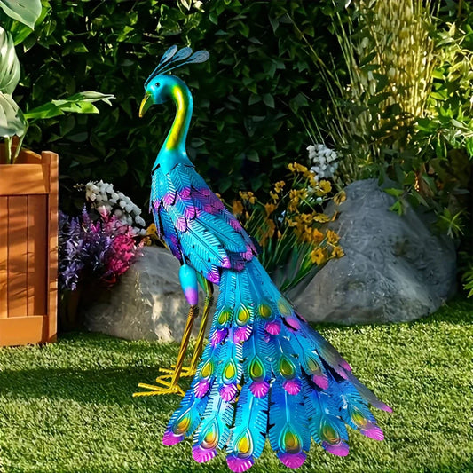 Hand Painted Metal Peacock Garden Sculpture