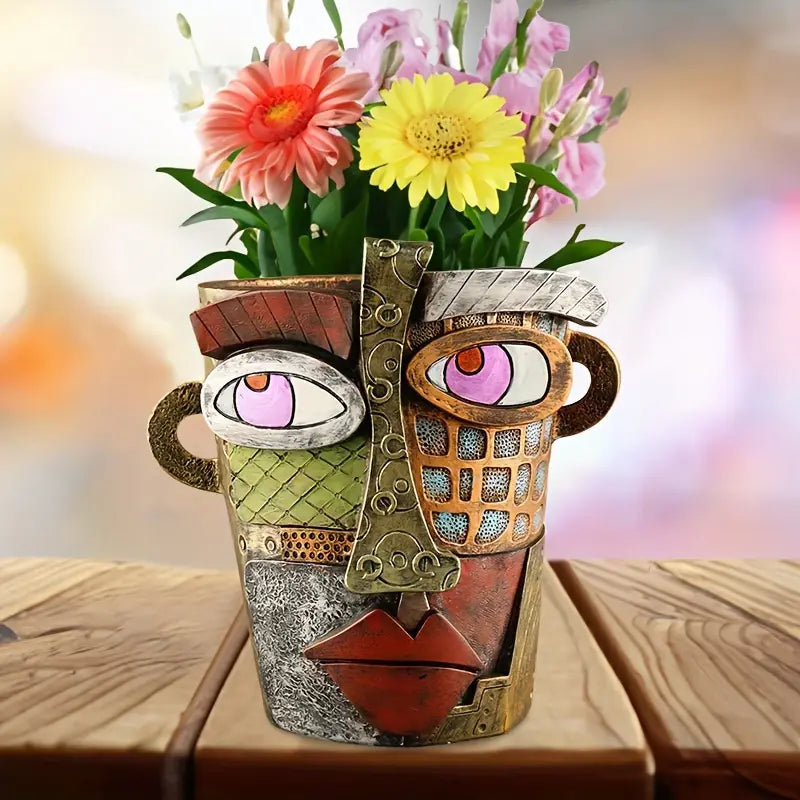 Cubist Face Planter in Painted Resin, 5 in Tall, view 2