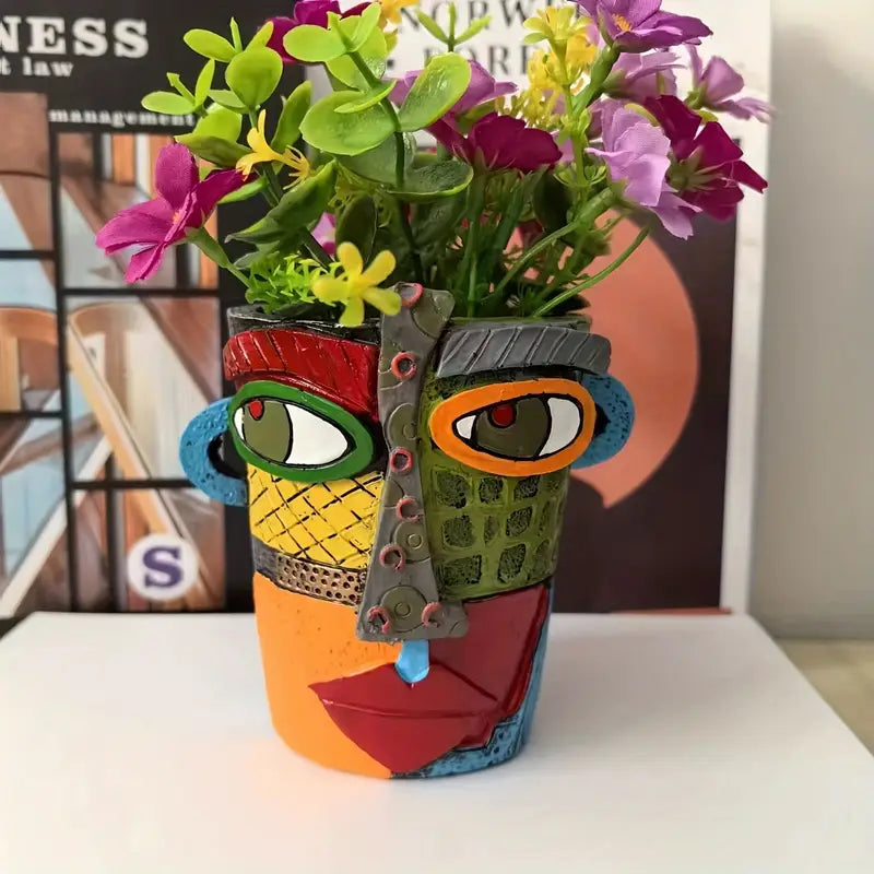 Cubist Face Planter in Painted Resin, 5 in Tall