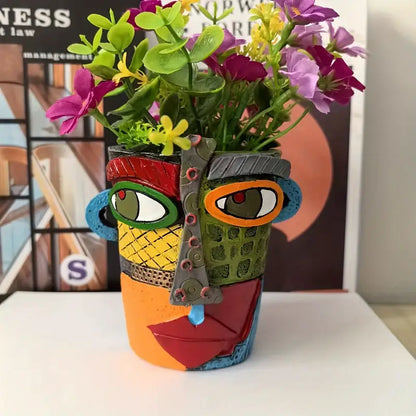 Cubist Face Planter in Painted Resin, 5 in Tall