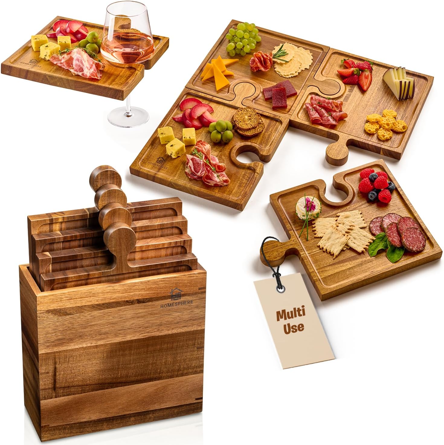 Interlocking Acacia Charcuterie Board Set of 4