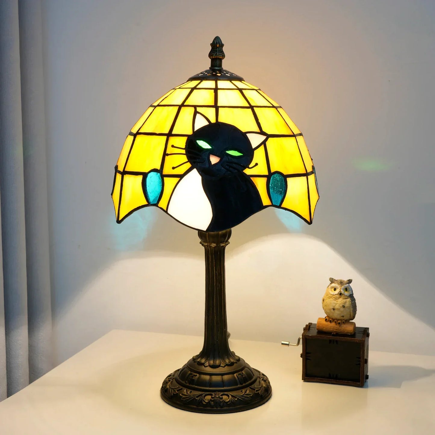 Stained Glass Table Lamp with a Cat Face Shade, view 3