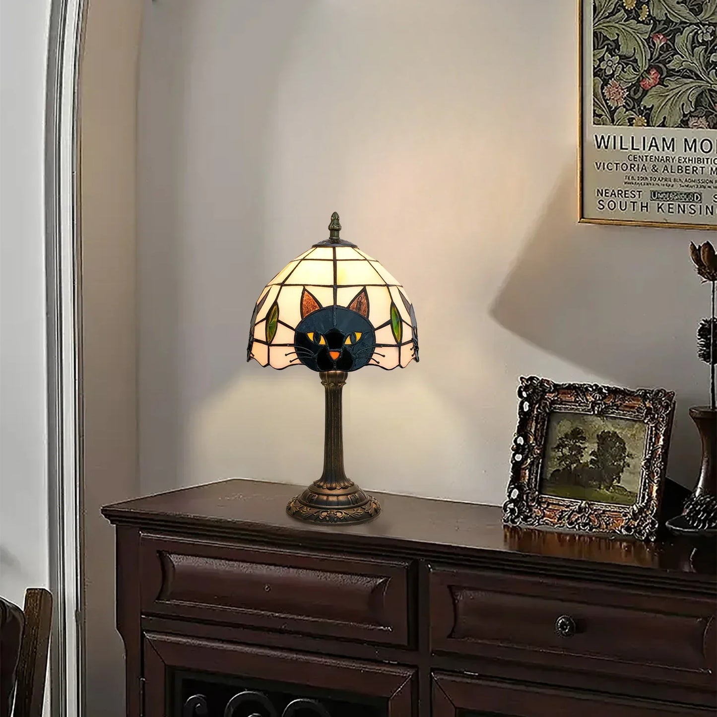 Stained Glass Table Lamp with a Cat Face Shade, view 4