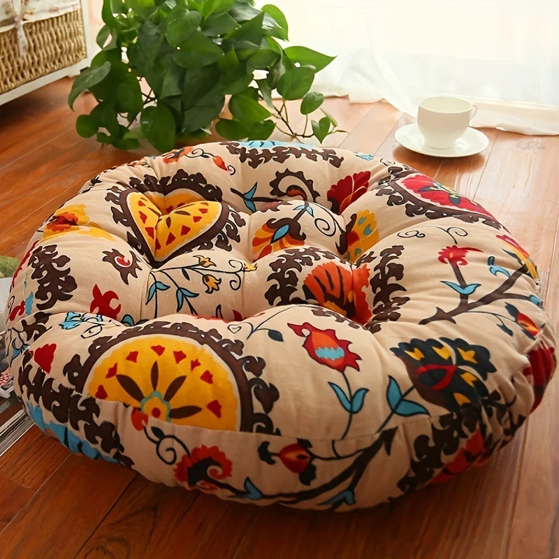 Round Tufted Boho Floor Cushion, 22 in, Four Prints