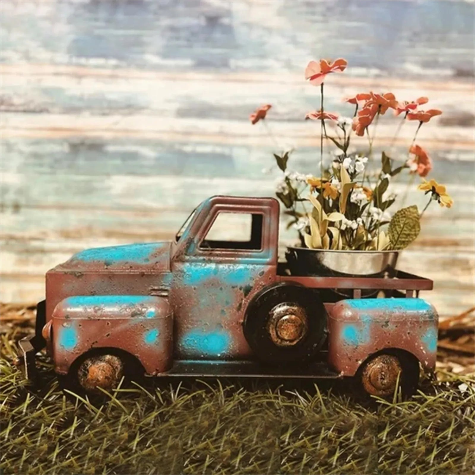Vintage Metal Truck Planter with Weathered Paint, view 2