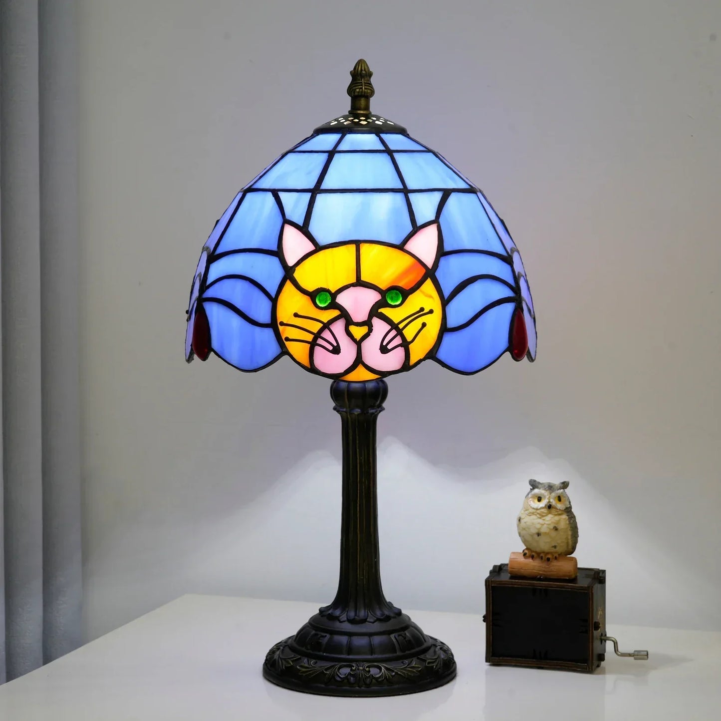 Stained Glass Table Lamp with a Cat Face Shade, view 2