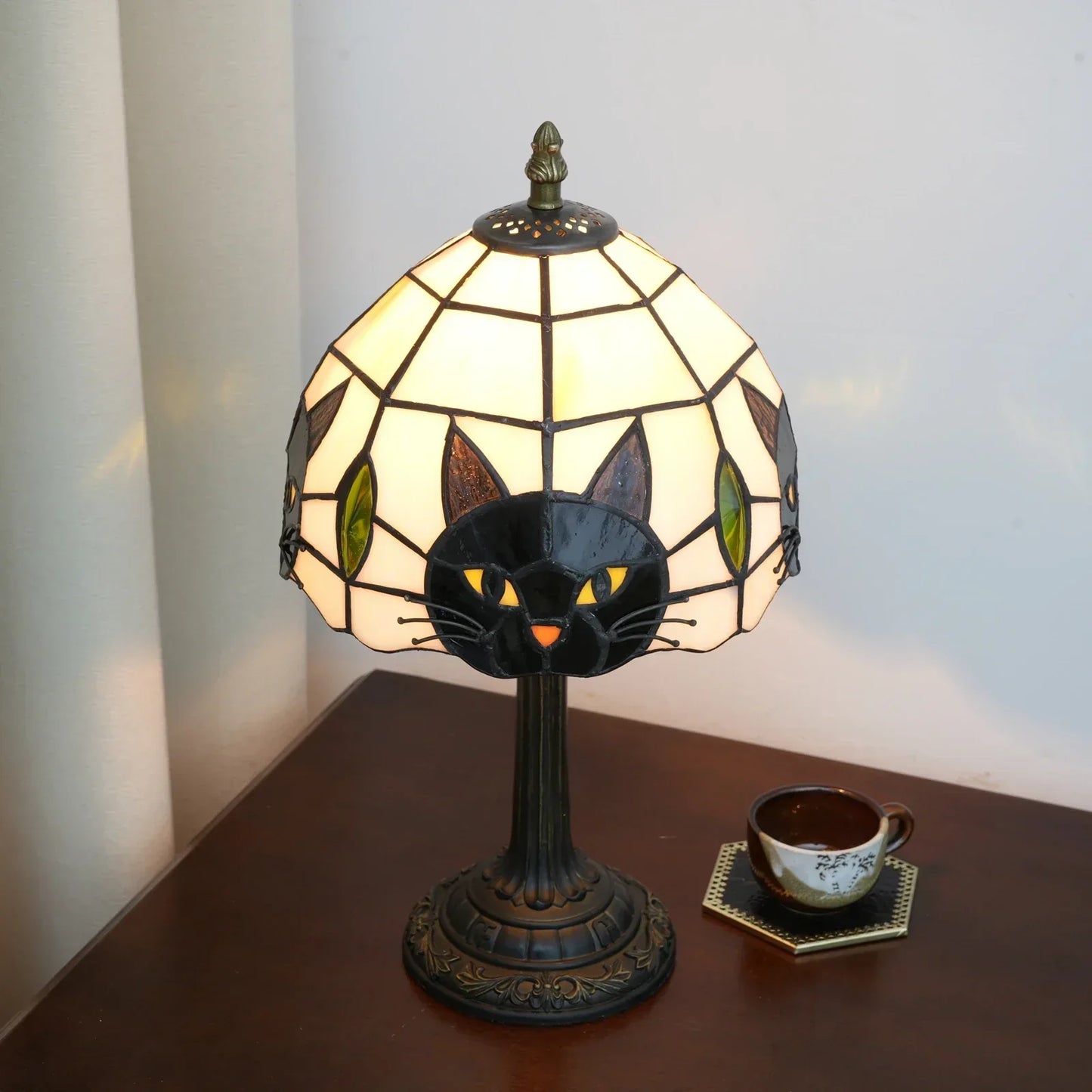 Stained Glass Table Lamp with a Cat Face Shade, view 8