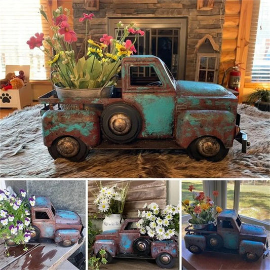 Vintage Metal Truck Planter with Weathered Paint