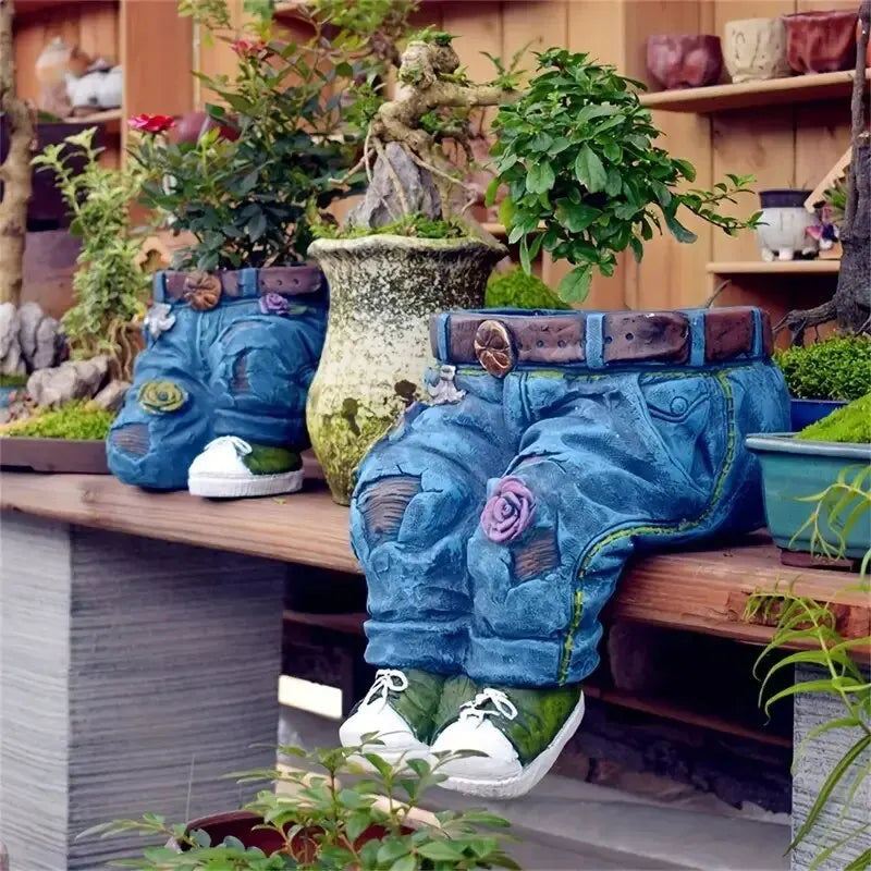 Denim Jeans Garden Planter, Sitting or Kneeling Pose, view 3