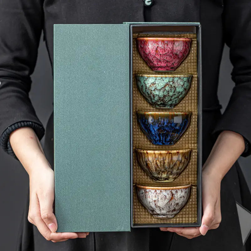 Five Element Ceramic Tea Cups, Set of 5 in a Gift Box